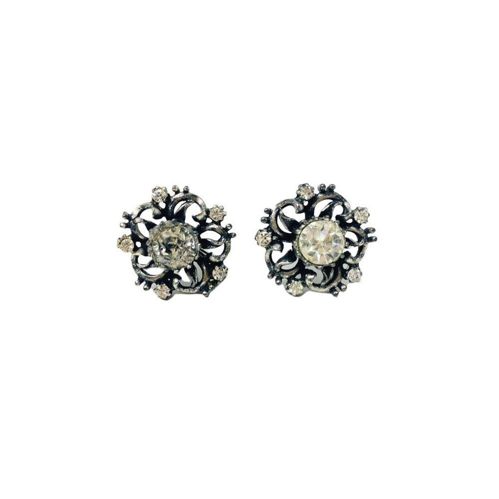 Vintage 1960s Coro Screw Backs Charcoal Rhinestone Floral Earrings
